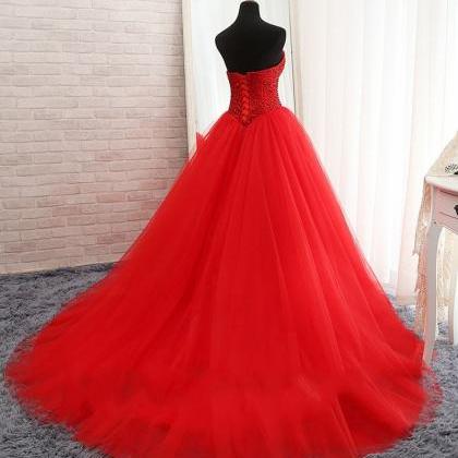 Long Red Beaded Tulle Prom Dresses Featuring..