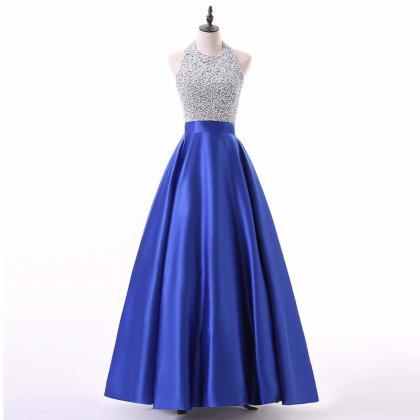 A Line Royal Blue Beaded Satin Prom Dresses..
