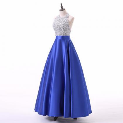 A Line Royal Blue Beaded Satin Prom Dresses..