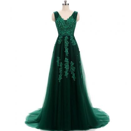 Hunter Green Lace Applique Tulle Prom Dresses..
