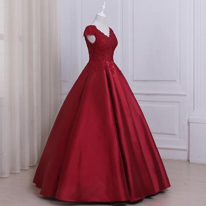 Burgundy Satin Lace Applique Prom Dresses..