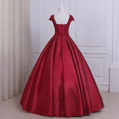 Burgundy Satin Lace Applique Prom Dresses..