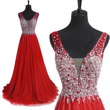 Sexy Red Floor Length Sweetheart Beaded Backless..