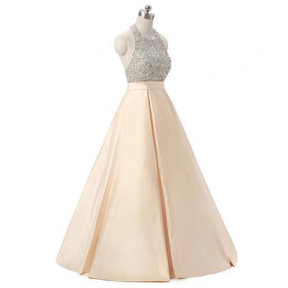 Champagne Halter Prom Ball Gowns, Champagne Beaded..