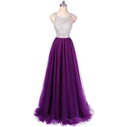 Luxury Long Purple Beaded Tulle Prom Dresses..