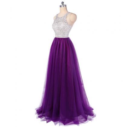 Luxury Long Purple Beaded Tulle Prom Dresses..