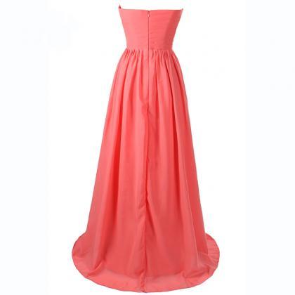 Coral Long Chiffon Sweetheart Formal Party Dress..