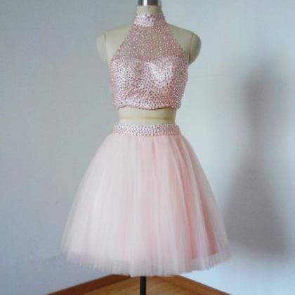 2018 Sexy 2 Piece Short Pink Prom Dress , Halter..
