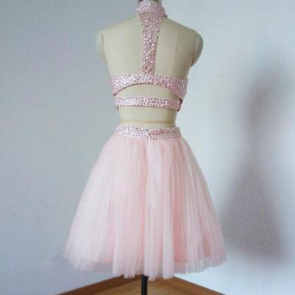 2018 Sexy 2 Piece Short Pink Prom Dress , Halter..