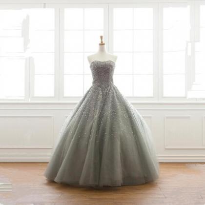 Luxury Tulle Floor Length Heavy Beaded Gray Prom..