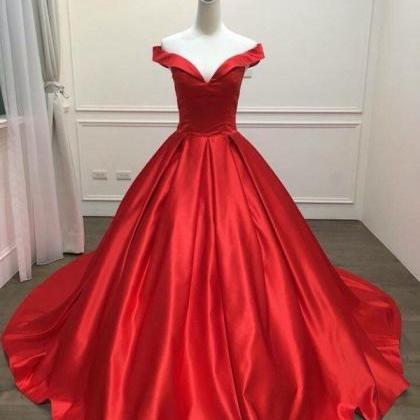 Red Satin Floor Length V Neck Prom Dress, Party..