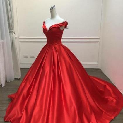 Red Satin Floor Length V Neck Prom Dress, Party..