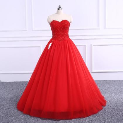 Long Red Tulle Prom Dress With Beaded Bodice,..