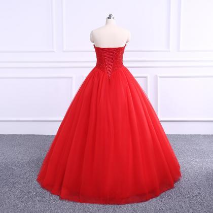 Long Red Tulle Prom Dress With Beaded Bodice,..