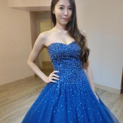 Long Royal Blue Lace-up Tulle Prom Dress With..