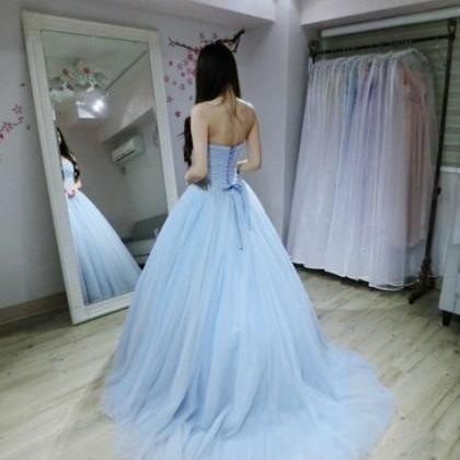 Long Light Blue Tulle Prom Dress With Beaded..