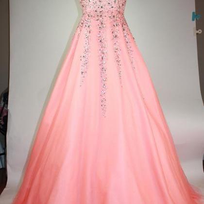 Coral Long Tulle A-line Beaded Formal Dress..