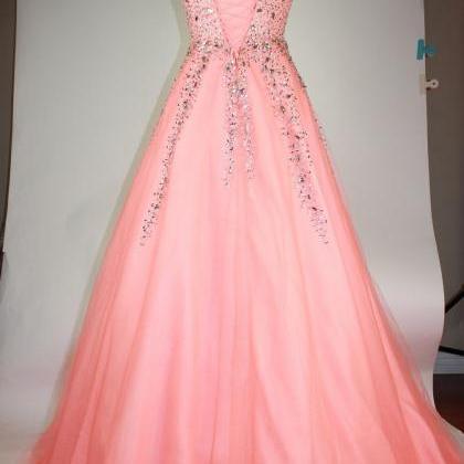 Coral Long Tulle A-line Beaded Formal Dress..