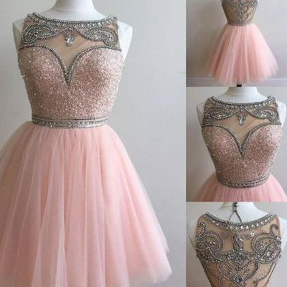 Pink Beaded Tulle Homecoming Dresses With Sheer..
