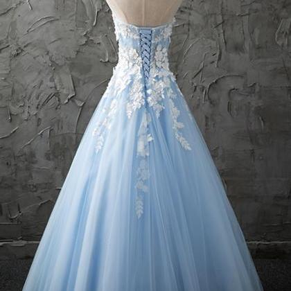 2018 Light Blue A Line Tulle Evening Dress With..