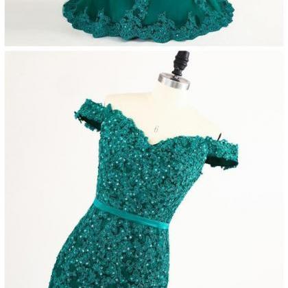 Lace Applique Teal Mermaid Evening Dress Featuring..