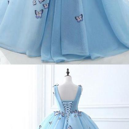 Prom Dresses Long Lace-up Back Blue Organza Formal..