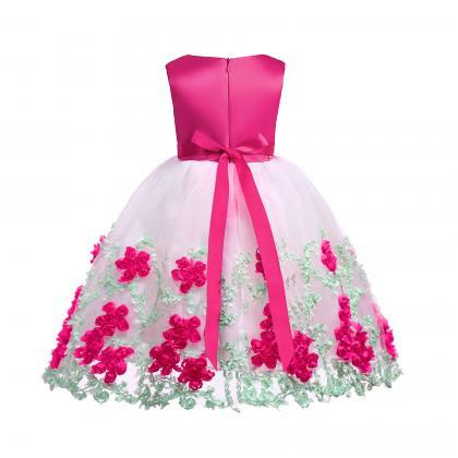 Tea Length Floral Flower Girl Dresses With Bow For..