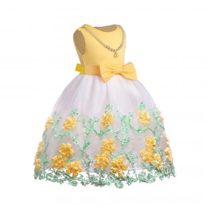 Fashion Yellow Tea Length Floral Flower Girl..