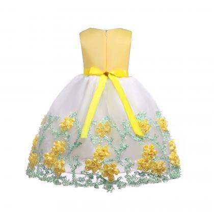 Fashion Yellow Tea Length Floral Flower Girl..