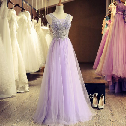 Floor Length Light Purple Prom Dresses With V Neck..