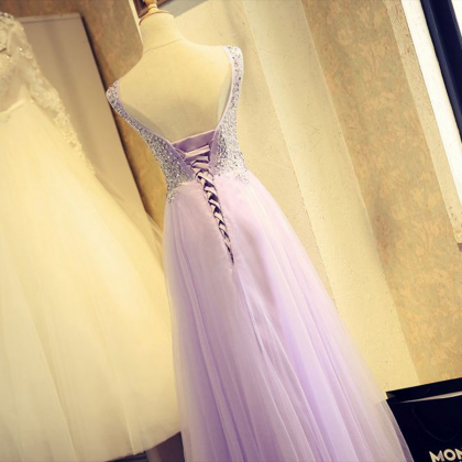 Floor Length Light Purple Prom Dresses With V Neck..