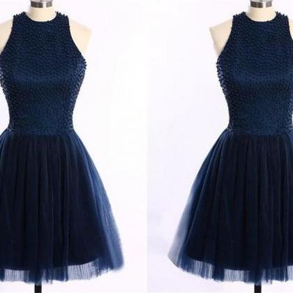 Navy Blue Tulle Short Bridesmaid Dress With Beaded..