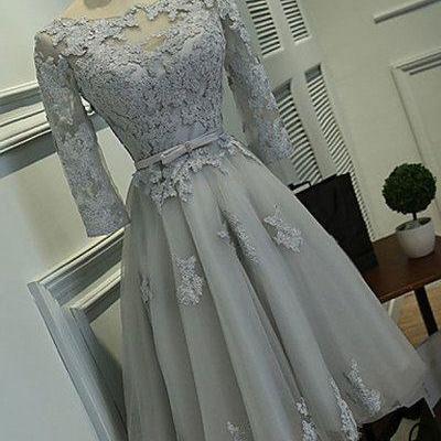 Grey Tulle Long Sleeve Lace Applique Homecoming..