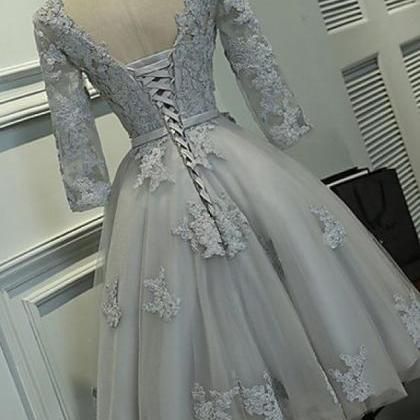 Grey Tulle Long Sleeve Lace Applique Homecoming..