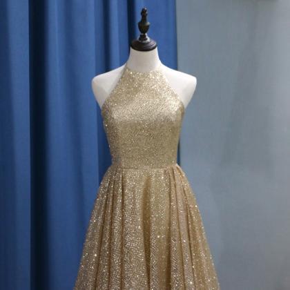 Sparkly Gold Evening Gown Sequin A Line Prom..