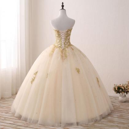 Gold Appliques Ball Gown Champagne Quinceanera..
