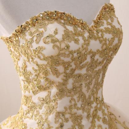 Gold Appliques Ball Gown Champagne Quinceanera..