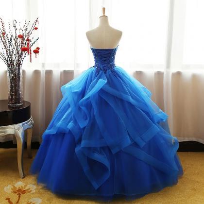 Royal Blue Lace Applique Ruffle Prom Dresses,..