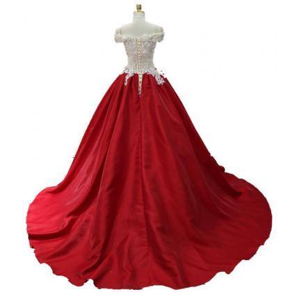 Red Evening Dress Satin Lace Applique Ball Gown..