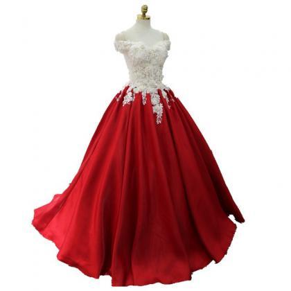 Red Evening Dress Satin Lace Applique Ball Gown..