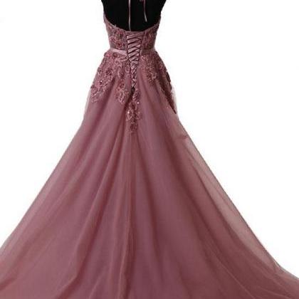 Long Prom Dresses Halter A Line Lace Evening..