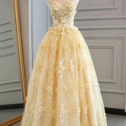 Long Prom Dresses Yellow Sheer Neck A Line Lace..