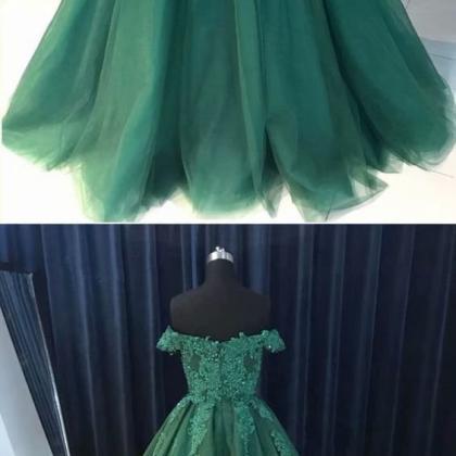 Long Prom Dresses Hunter Green Lace Applique..