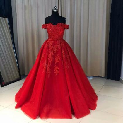 Long Red Prom Dresses A Line Lace Evening Formal..