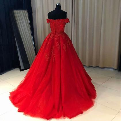Long Red Prom Dresses A Line Lace Evening Formal..