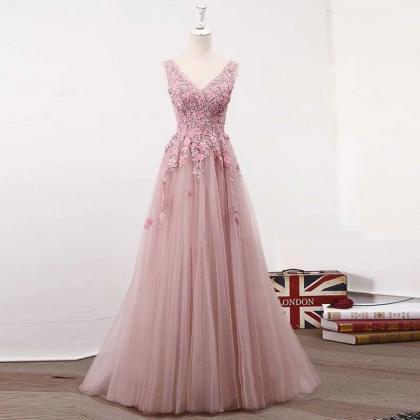 Vintage Pink Prom Dresses V Neck A Line Tulle..