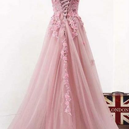 Vintage Pink Prom Dresses V Neck A Line Tulle..