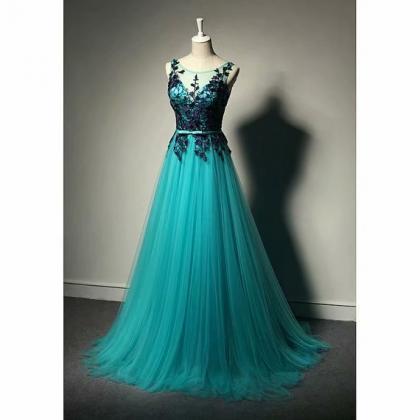 Long Prom Dresses Sheer Neck A Line Lace Evening..