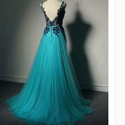 Long Prom Dresses Sheer Neck A Line Lace Evening..