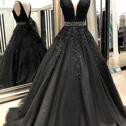 Elegant Black Beaded V Neck Evening Dresses Long..